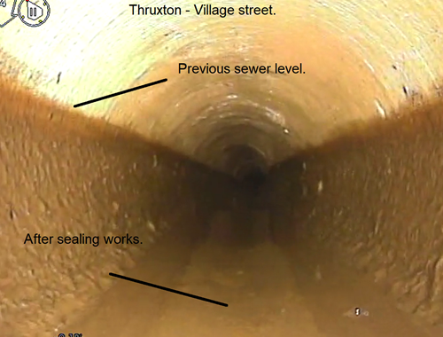 A CCTV image of a sewer in the area showcasing the difference in levels after sealing works